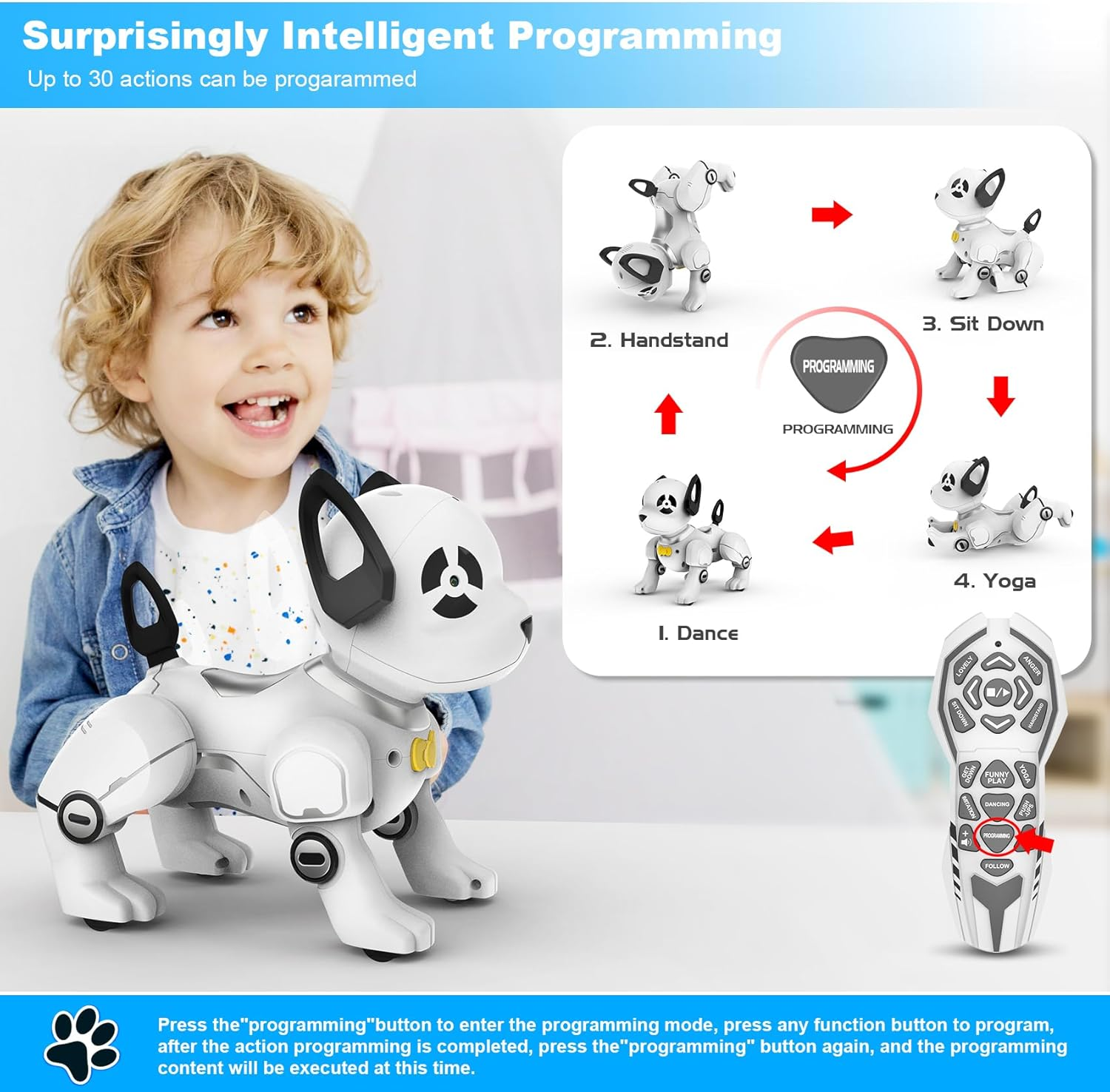 Remote Control Robot Dog Toy, RC Dog Programmable Smart Interactive Robotic Pets, RC Stunt Robot Toys Imitates Animals Music Dancing Handstand Push-Up Follow Functions for Boys Girls Toy White Silver - Image 4