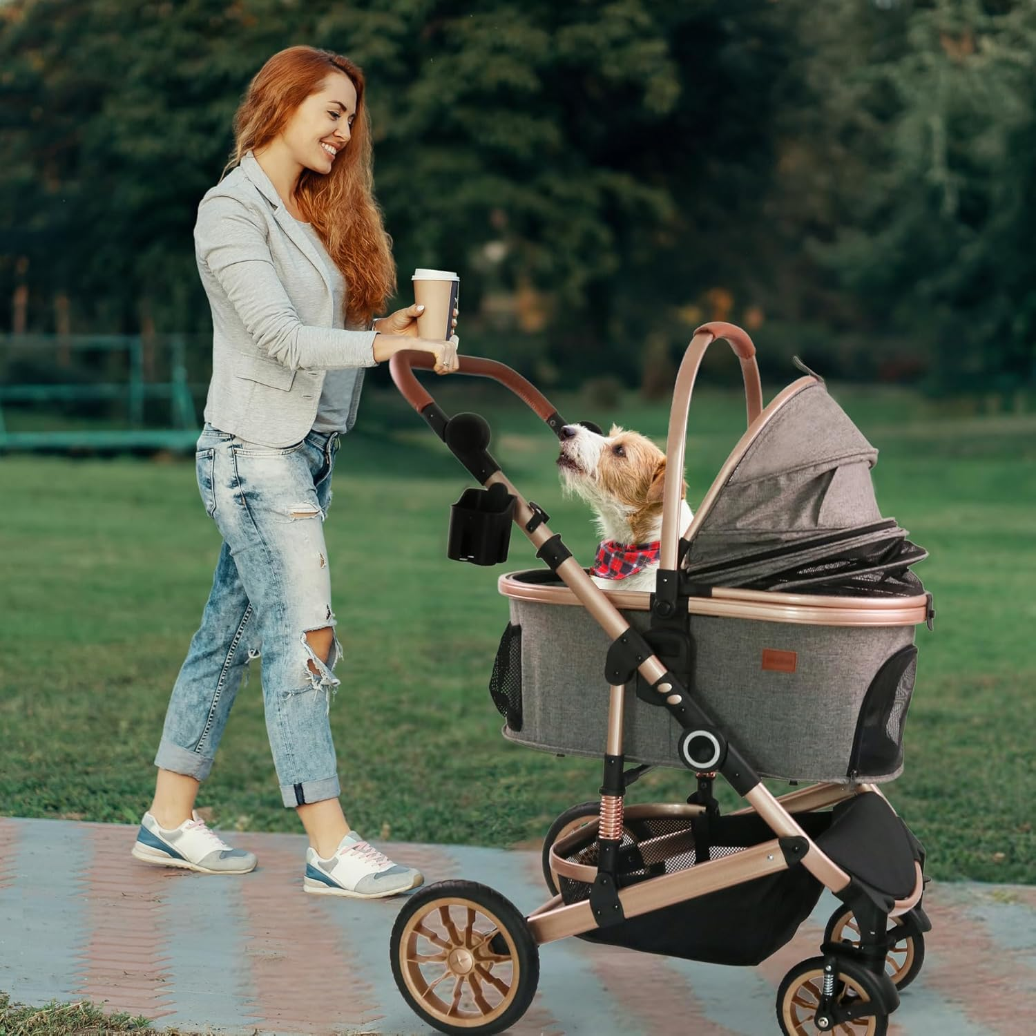 Pet Stroller with 4 Wheels, Foldable Pet Travel Carrier for Small/Medium Dogs Cats up to 50Lbs, Detachble Portable Pet Bag, Storage Basket, Car Seat 3 in 1 Multifunctional (Grey) - Image 7