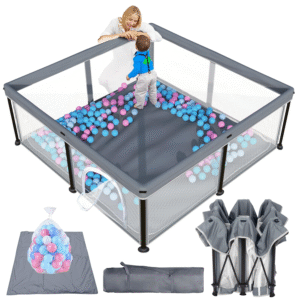 Foldable Baby Playpen with Mat, 50"×50" Collapsible Play Pen for Babies and Toddlers, Indoor & Outdoor Kids Safety Play Pen, Portable Play Yard, Foldable Baby Playpen with 50 Ocean Balls