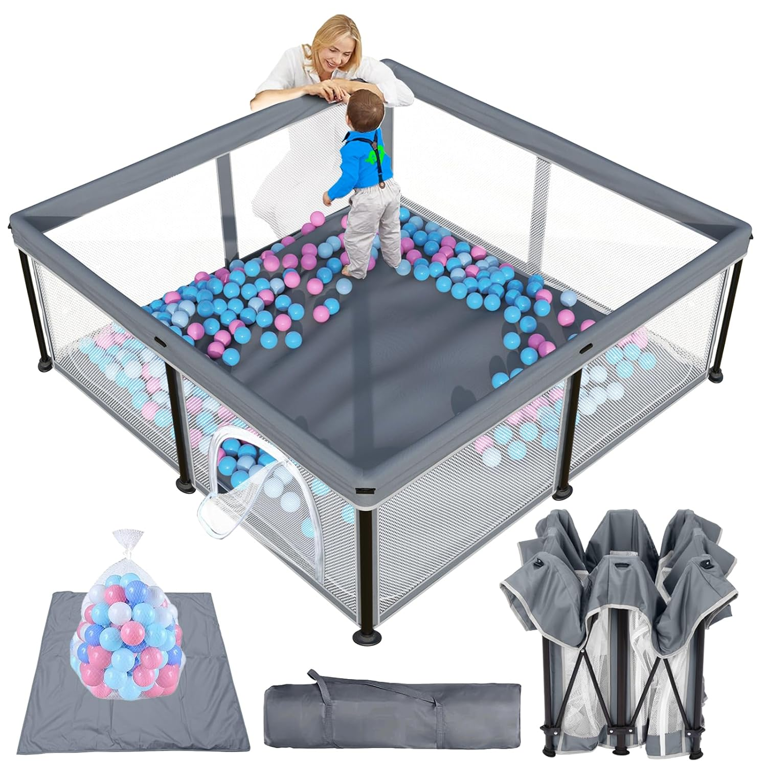 Foldable Baby Playpen with Mat, 50"×50" Collapsible Play Pen for Babies and Toddlers, Indoor & Outdoor Kids Safety Play Pen, Portable Play Yard, Foldable Baby Playpen with 50 Ocean Balls