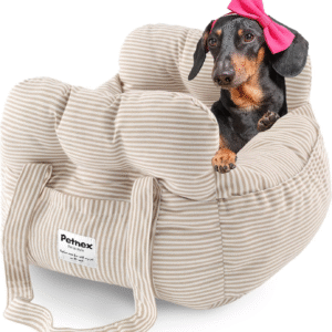 Dog Car Seat for Small Dogs, Portable Puppy Car Seat of Easy Installation, Fashionable Pet Carrier Bag with Large Pockets, Machine Washable Dog Booster Seat (Striped Khaki)