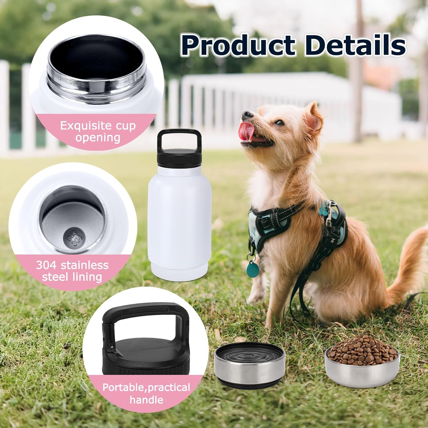 Dog Travel Water Bottle, 3 in 1 Stainless Steel Insulated Dog Water Bottle for Dogs, Portable Travel Dispenser with 2 Removable Bowls for Walking, Hiking, Camping, Outdoor (White, 32OZ) - Image 3