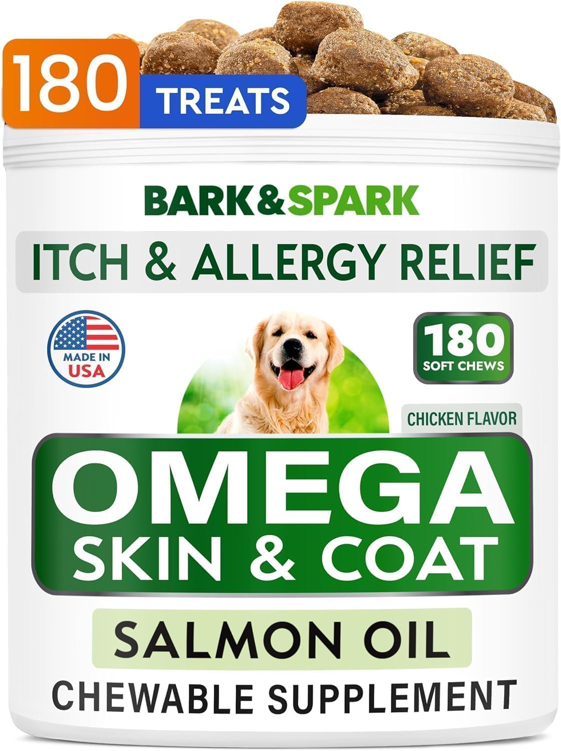 Omega 3 for Dogs - 180 Fish Oil Treats for Dog Shedding, Skin Allergy Chews, Itch Relief, Hot Spots Treatment - Joint Health - Skin and Coat Supplement - EPA & DHA Fatty Acids - Salmon Oil