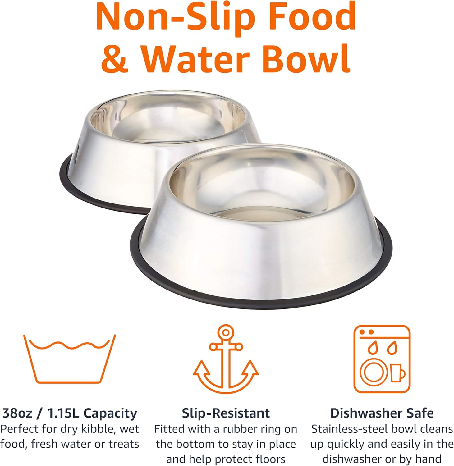 Stainless Steel Non-Skid Pet Dog Water and Food Bowl, 2-Pack (10 X 2.8 Inches), Each Holds up to 38Oz - Image 3