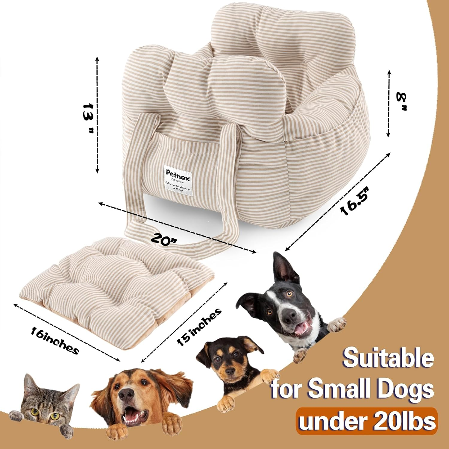 Dog Car Seat for Small Dogs, Portable Puppy Car Seat of Easy Installation, Fashionable Pet Carrier Bag with Large Pockets, Machine Washable Dog Booster Seat (Striped Khaki) - Image 6