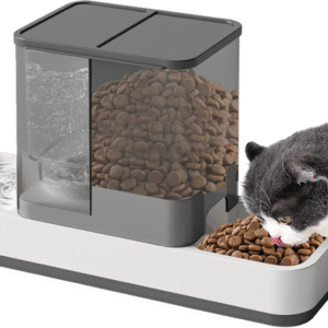 Automatic Small Pet Feeder and Water Dispenser, 2 in 1 Gravity Cat Auto Pet Feeder and Waterer Set Feeder Dish for Small Medium Pets Dog Puppy Kitten (Grey)