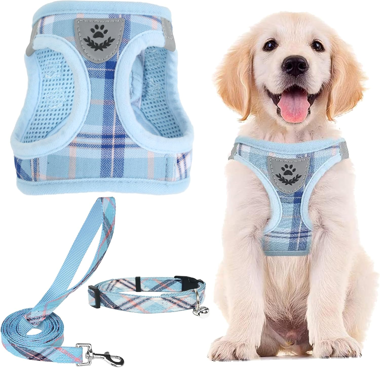 Adjustable Dog Harness Collar and Leash Set Step in No Pull Pet Harness for Small Medium Dogs Puppy and Cats Outdoor Walking Running, Soft Mesh Padded Reflective Vest Harnesses, Blue M