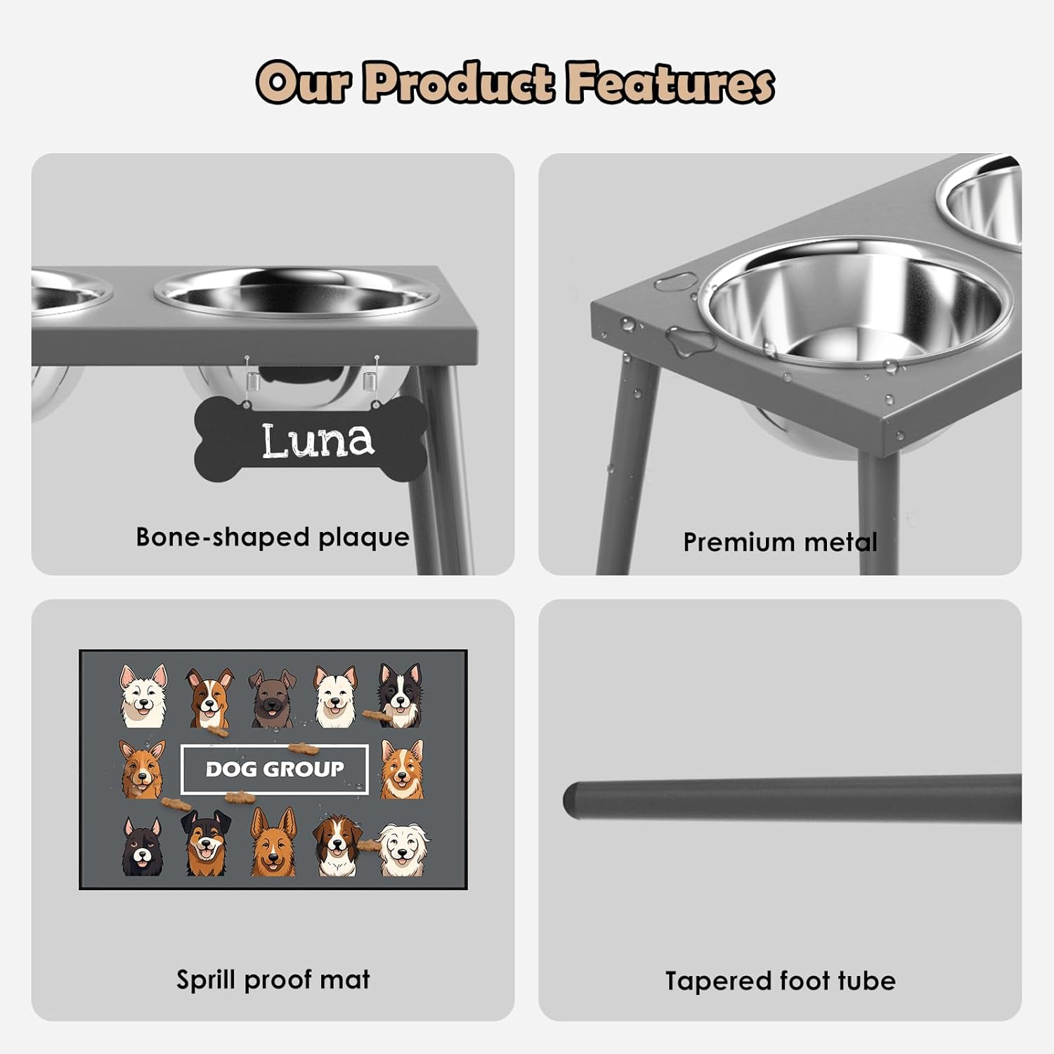 Raised Dog Bowl Stand for Large Dogs, 10” Tall Elevated Feeder with Spill-Proof Mat, Stainless Steel 58OZ Bowls for Food & Water, Gray Color (Mat Size: 16X24”) - Image 4