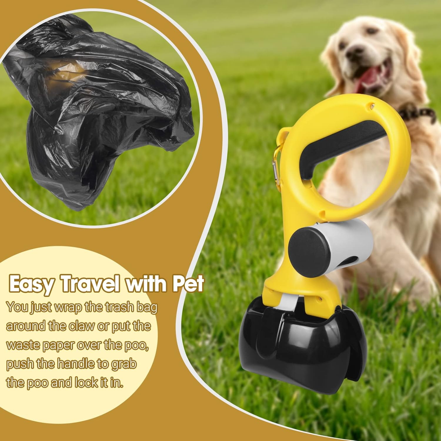 Pet Pooper Scooper for Dogs and Cats with Trash Bags Holder, Non-Breakable High Strength Material Poop Scooper for Easy Grass and Gravel Pick Up(Including a Roll of Trash Bag) (Yellow) - Image 2