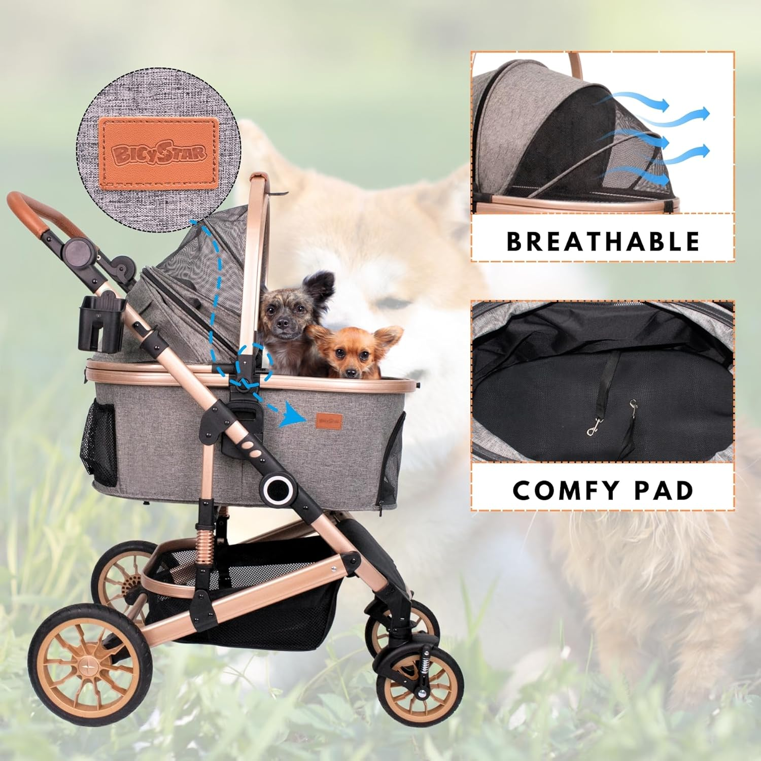 Pet Stroller with 4 Wheels, Foldable Pet Travel Carrier for Small/Medium Dogs Cats up to 50Lbs, Detachble Portable Pet Bag, Storage Basket, Car Seat 3 in 1 Multifunctional (Grey) - Image 4