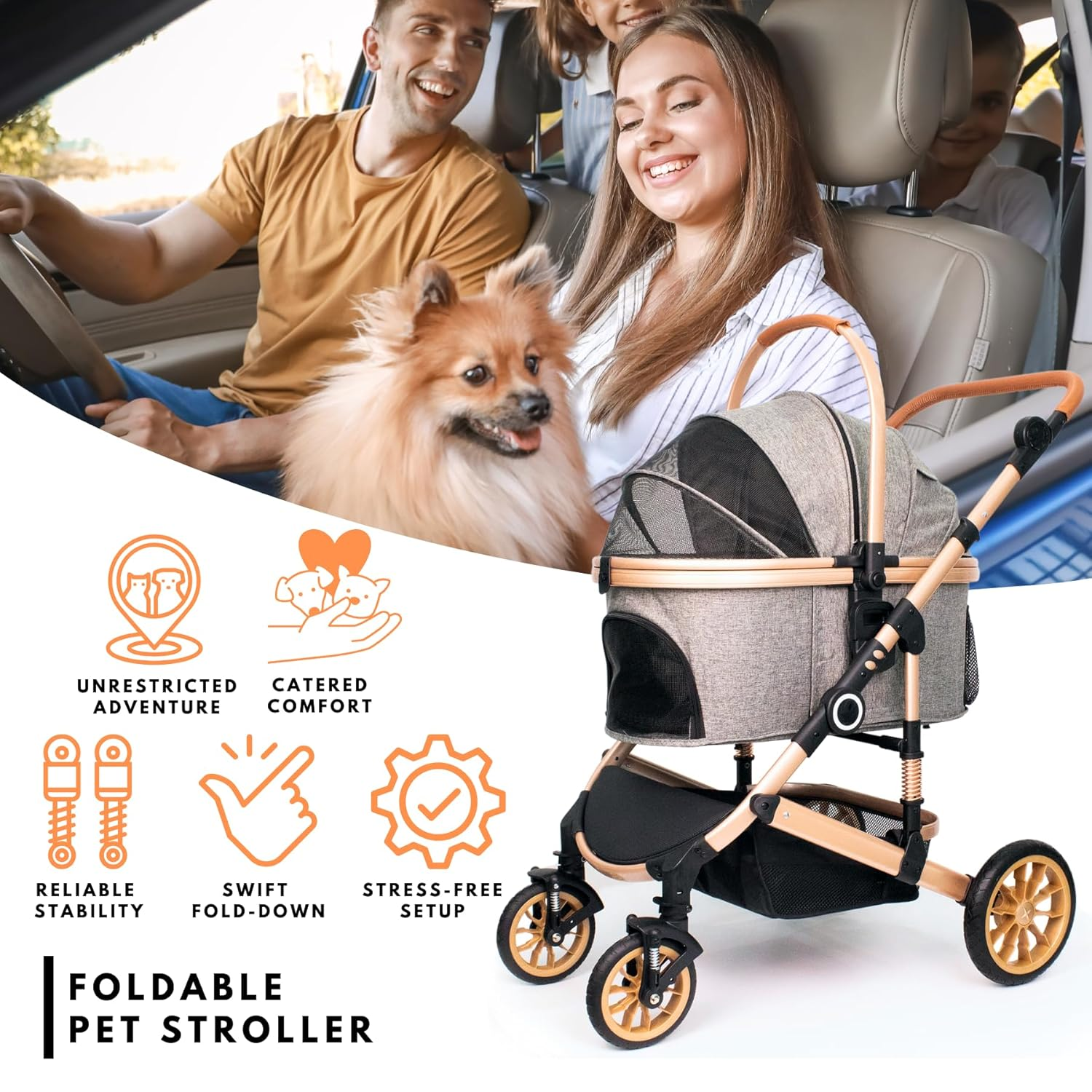 Pet Stroller with 4 Wheels, Foldable Pet Travel Carrier for Small/Medium Dogs Cats up to 50Lbs, Detachble Portable Pet Bag, Storage Basket, Car Seat 3 in 1 Multifunctional (Grey) - Image 2