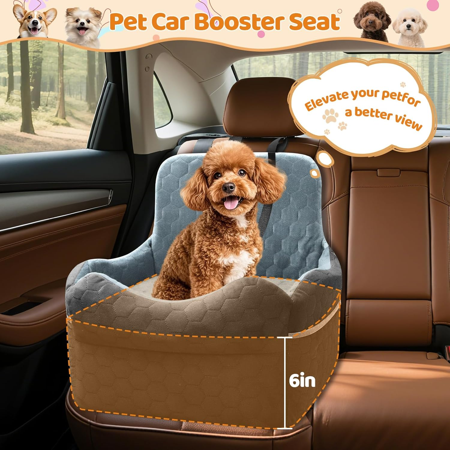 Dog Car Seat for Small Dogs - Puppy Car Seat under 35 Lbs with Thick Elevated Cushion & Safety Belt for Travel - Detachable & Washable Dog Booster Seat with 2 Sides Storage Pockets(Black/Gray) - Image 3
