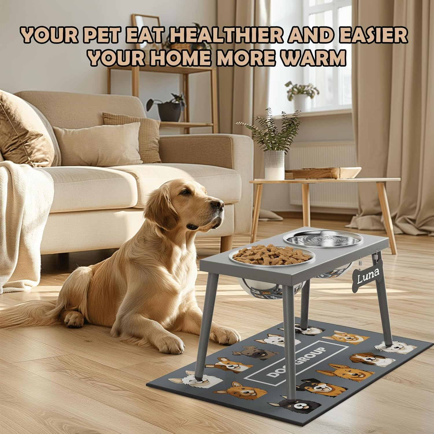 Raised Dog Bowl Stand for Large Dogs, 10” Tall Elevated Feeder with Spill-Proof Mat, Stainless Steel 58OZ Bowls for Food & Water, Gray Color (Mat Size: 16X24”) - Image 6