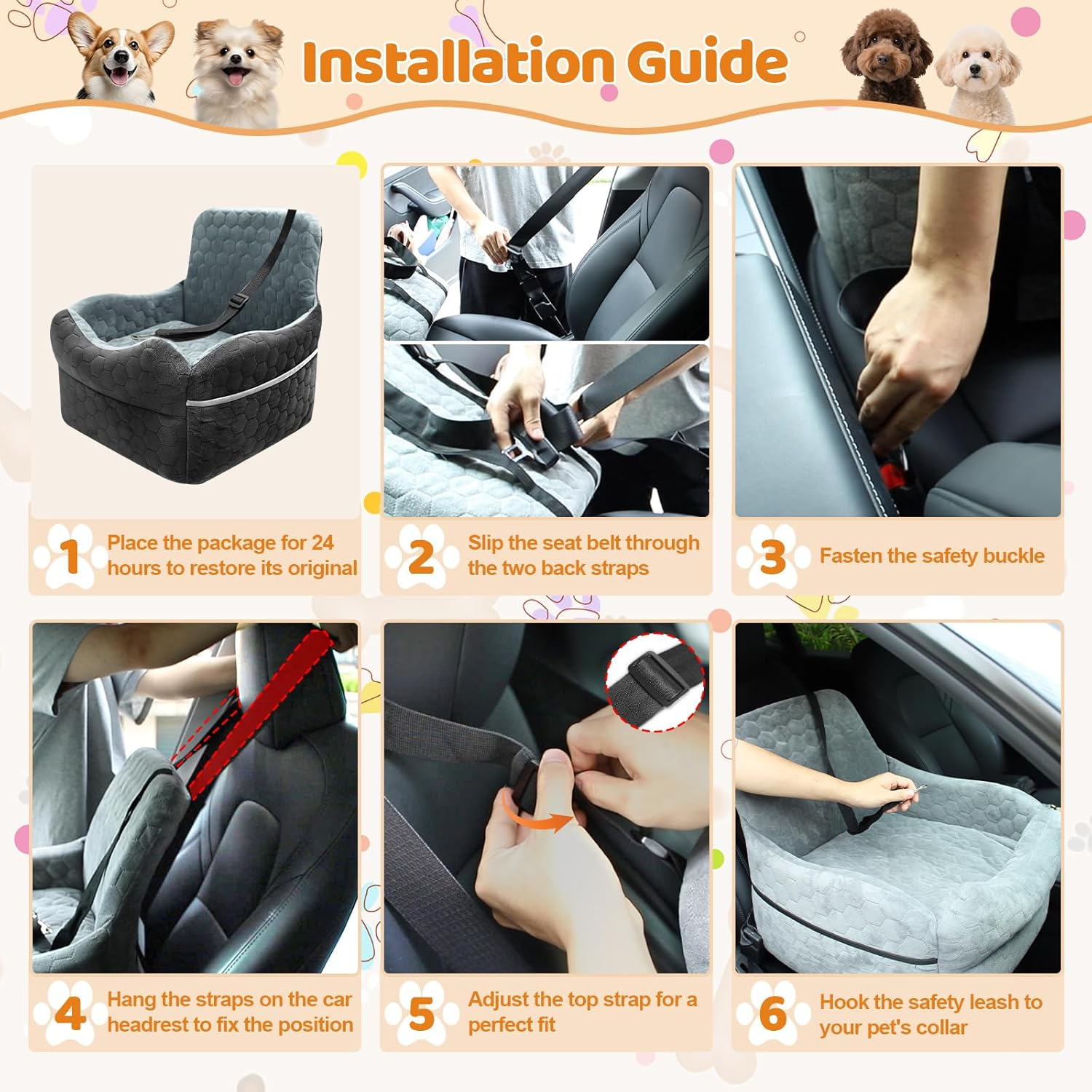 Dog Car Seat for Small Dogs - Puppy Car Seat under 35 Lbs with Thick Elevated Cushion & Safety Belt for Travel - Detachable & Washable Dog Booster Seat with 2 Sides Storage Pockets(Black/Gray) - Image 6