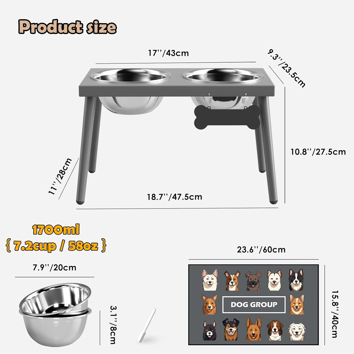 Raised Dog Bowl Stand for Large Dogs, 10” Tall Elevated Feeder with Spill-Proof Mat, Stainless Steel 58OZ Bowls for Food & Water, Gray Color (Mat Size: 16X24”) - Image 3