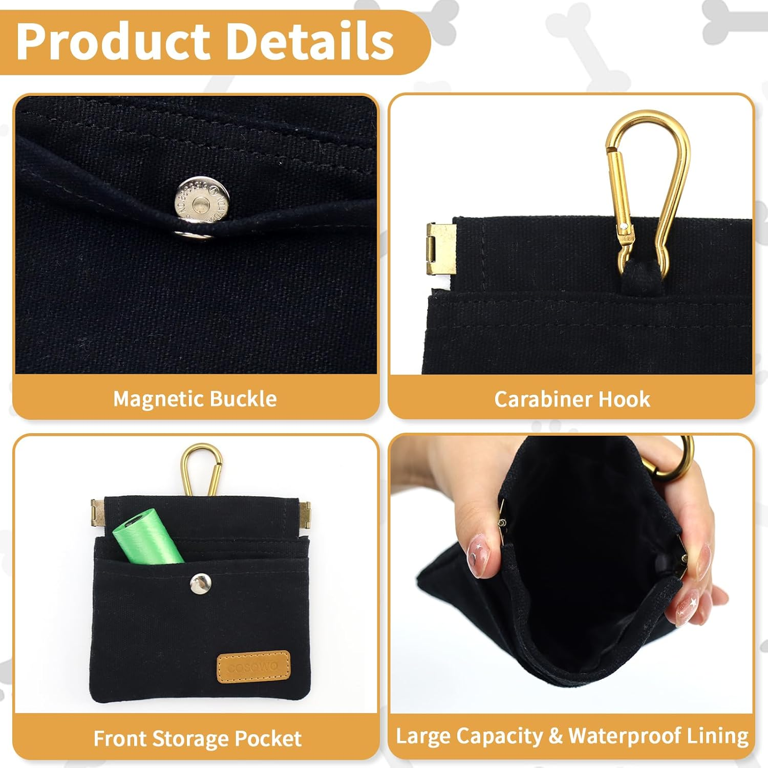 Dog Treat Pouch, Hand Free Dog Training Treat Bag with Carabiner & Magnetic Buckle, Auto Closing Dog Walking Bag for Puppy Travel or Outdoor Use, Pet Feed Snack Reward Pocket, Black - Image 3