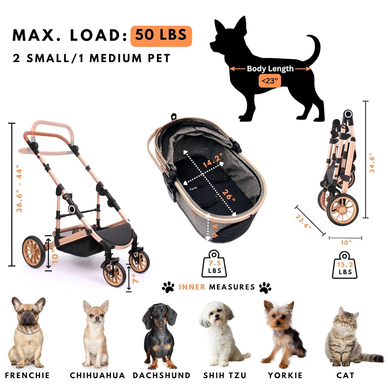 Pet Stroller with 4 Wheels, Foldable Pet Travel Carrier for Small/Medium Dogs Cats up to 50Lbs, Detachble Portable Pet Bag, Storage Basket, Car Seat 3 in 1 Multifunctional (Grey) - Image 5