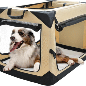 36 Inch Collapsible Dog Crate for Large Dogs, 4-Door Foldable Soft Dog Kennel with Chew Proof Mesh Windows, Indoor & Outdoor Travel Dog Crate, Beige