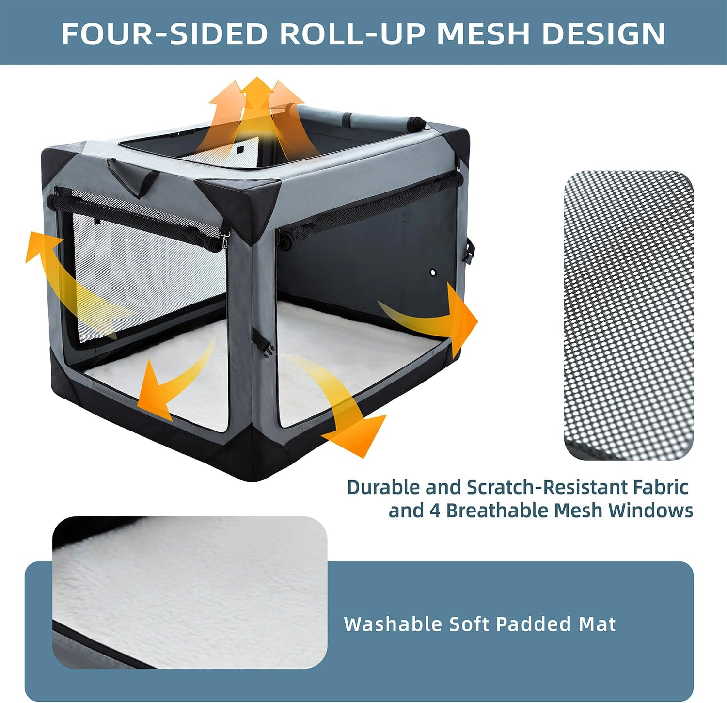 36 Inch Collapsible Crate for Large Dogs, 4-Door Foldable Soft Kennel with Chew Proof Mesh Windows for Indoor & Outdoor Travel - Image 3