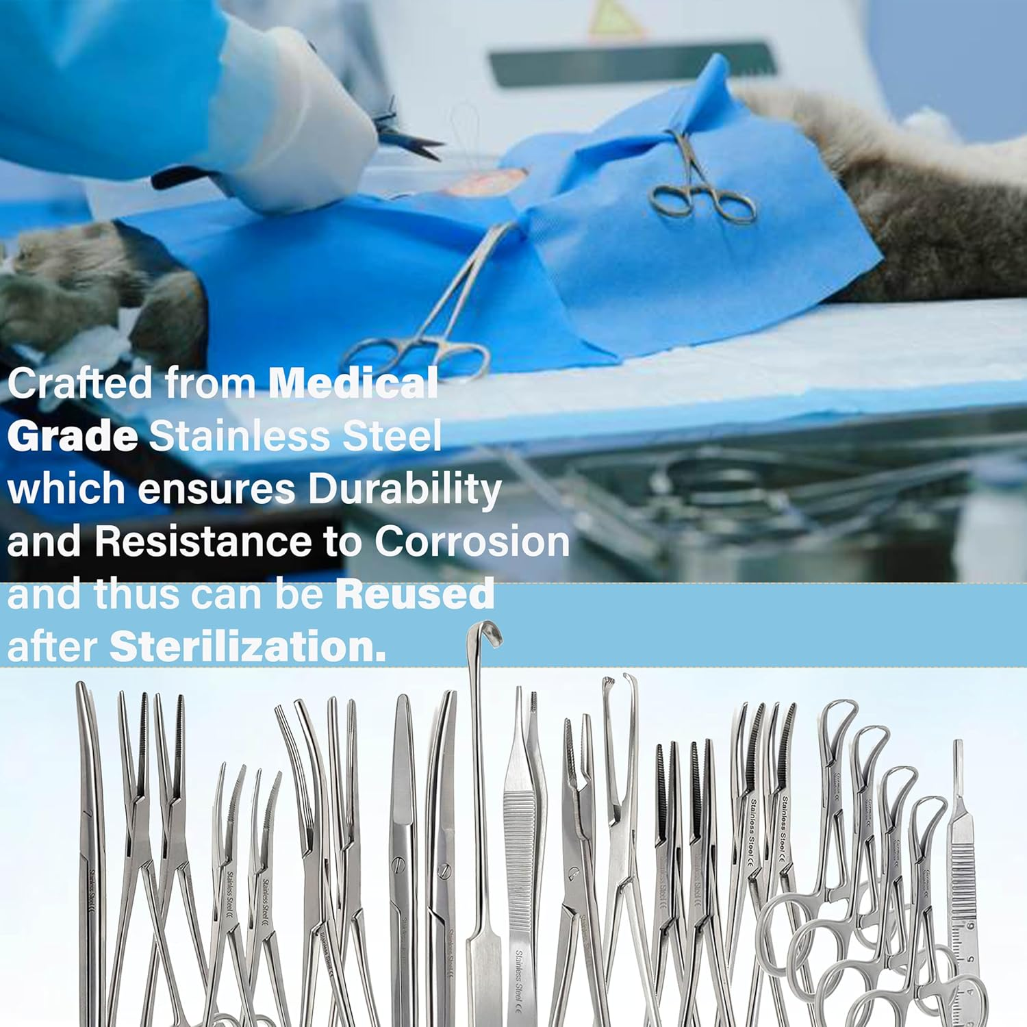 Premium 72 Pcs Feline + Canine Spay Pack Stainless Steel Veterinary Set - Scissors Forceps Hemostats Needle Holder Backhaus Clamps + Extra Blades - All in 1 Complete Kit - Image 2