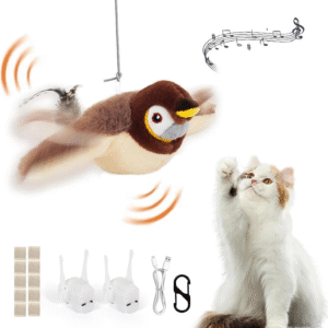 Flappy Bird Cat Toy, Interactive Catnip Toy with Flapping Wings Realistic Sparrow Chirp Tweet No Flying USB Rechargeable with Two Motor Motion Activated Hanging Flapping Bird for Indoor Cats