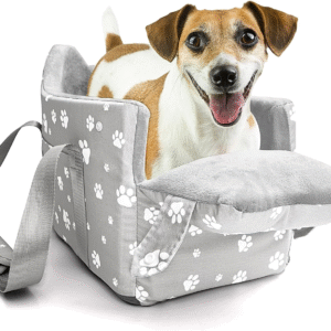 Center Console Dog Car Booster Seat for Small Dogs 0-15 Lbs - Grey Pet Travel Carrier Safety Leash, Detachable Seat Belt & Storage Pockets