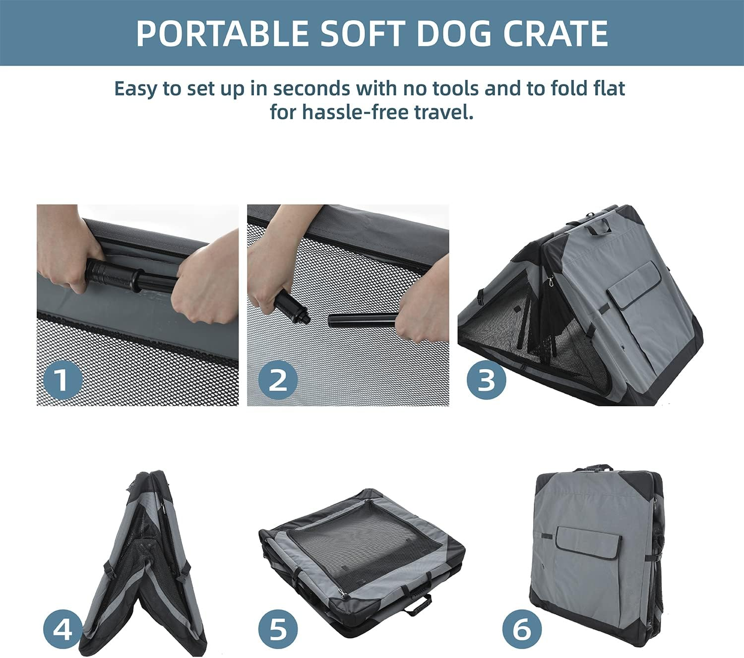36 Inch Collapsible Crate for Large Dogs, 4-Door Foldable Soft Kennel with Chew Proof Mesh Windows for Indoor & Outdoor Travel - Image 4