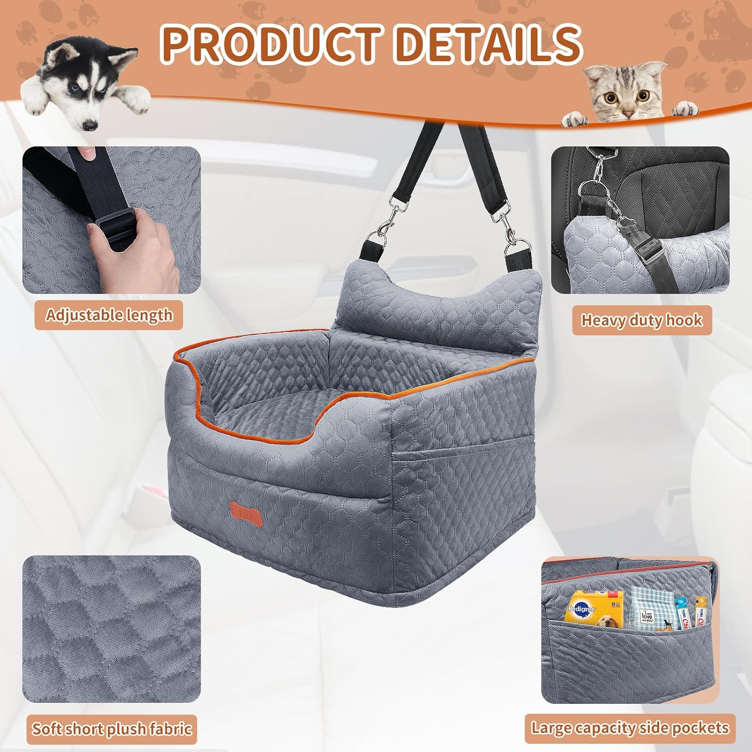 Dog Car Seat - Memory Foam Dog Booster Seat for Small Dogs up to 25Lbs-Elevated Pet Car Seat with Storage Pockets and Dog Seat Belt-Soft Pet Travel Bed for Front & Back Seats-Removable Washable-Grey - Image 4