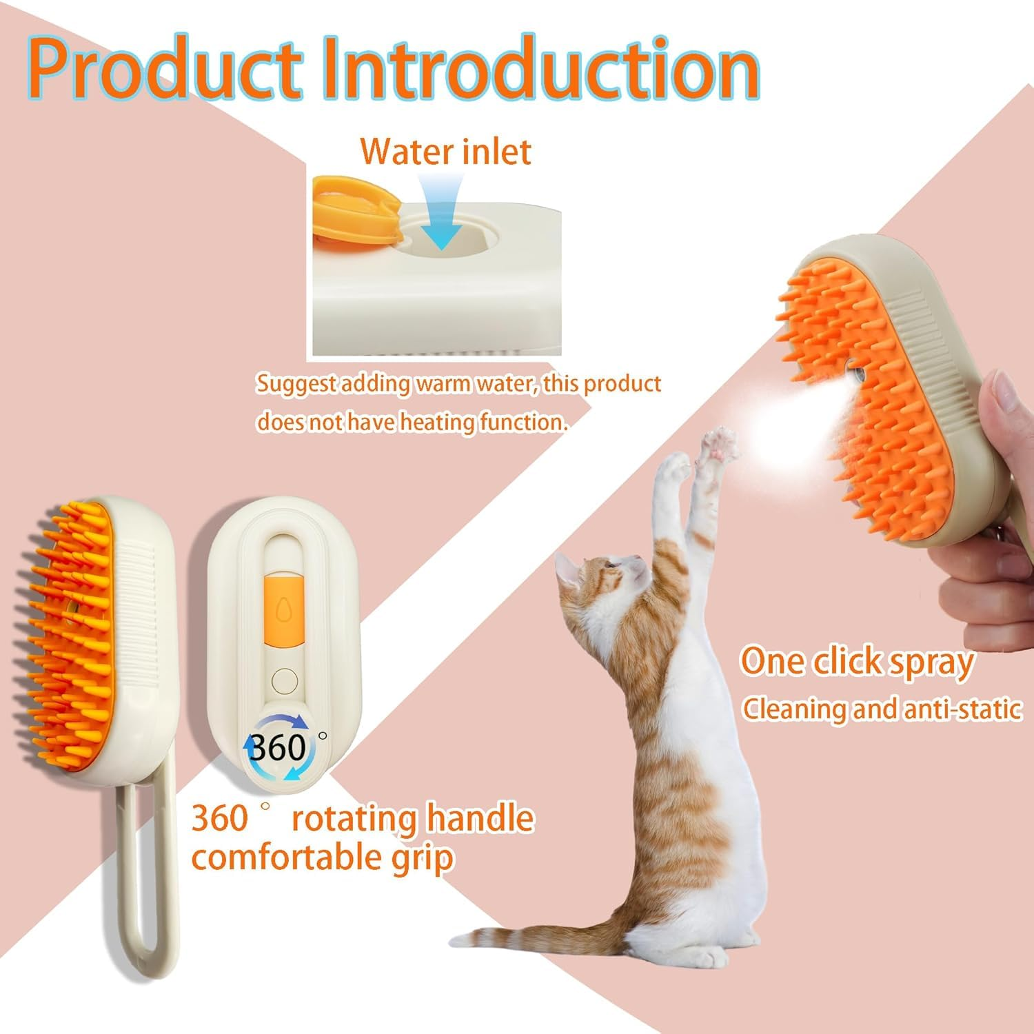 Cat Steam Brush for Shedding Dog Brush with Steam Pet Hair Cleaning Brush Comb for Spray 3 in 1 Pet Grooming for Long & Short Haired Pets – Spritz Defur Comb for Cats(Orange) - Image 3