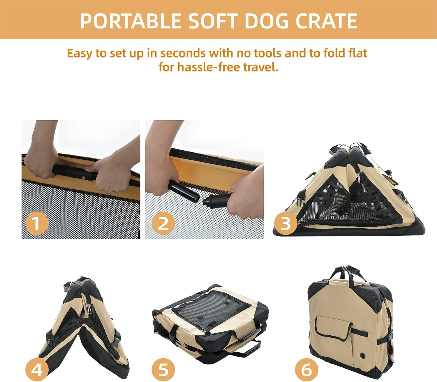36 Inch Collapsible Dog Crate for Large Dogs, 4-Door Foldable Soft Dog Kennel with Chew Proof Mesh Windows, Indoor & Outdoor Travel Dog Crate, Beige - Image 4