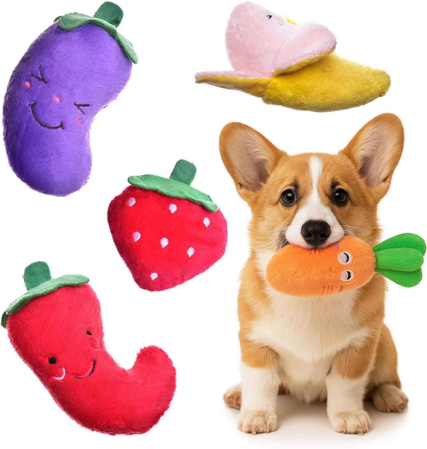 Plush Squeaky Dog Toys – 6-Pack Soft Stuffed Fruit & Vegetable Set for Puppies & Small Dogs – Durable, Cute, Crinkle & Teething Play