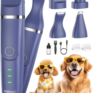 Dog Clippers & Dog Paw Trimmer 4-In-1 Cordless Grooming Kit: 2-Speed Low Noise Clippers with Rechargeable Quiet Nail Grinder for Dogs & Cats (Blue)