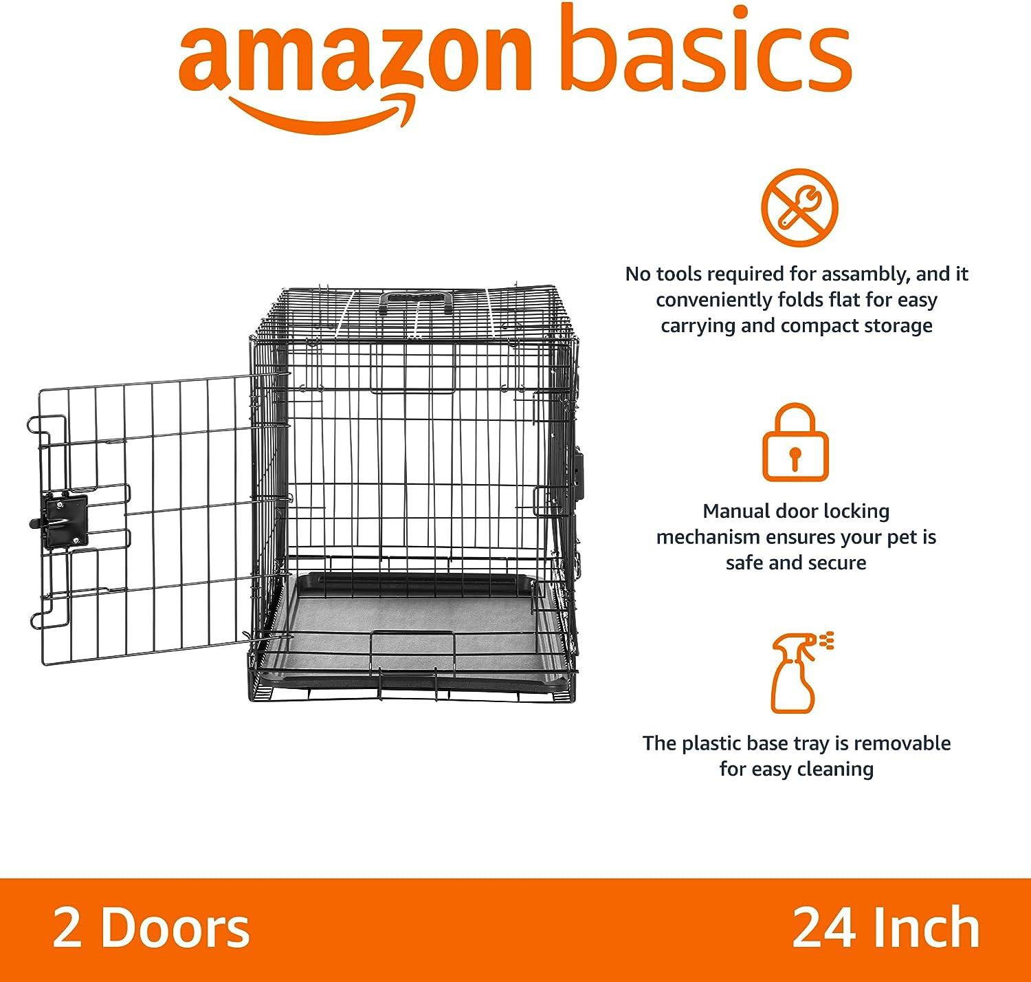 Durable,Foldable Metal Wire Dog Crate with Tray, Double Door, Divider, 24 X 18 X 20 In, Black - Image 2