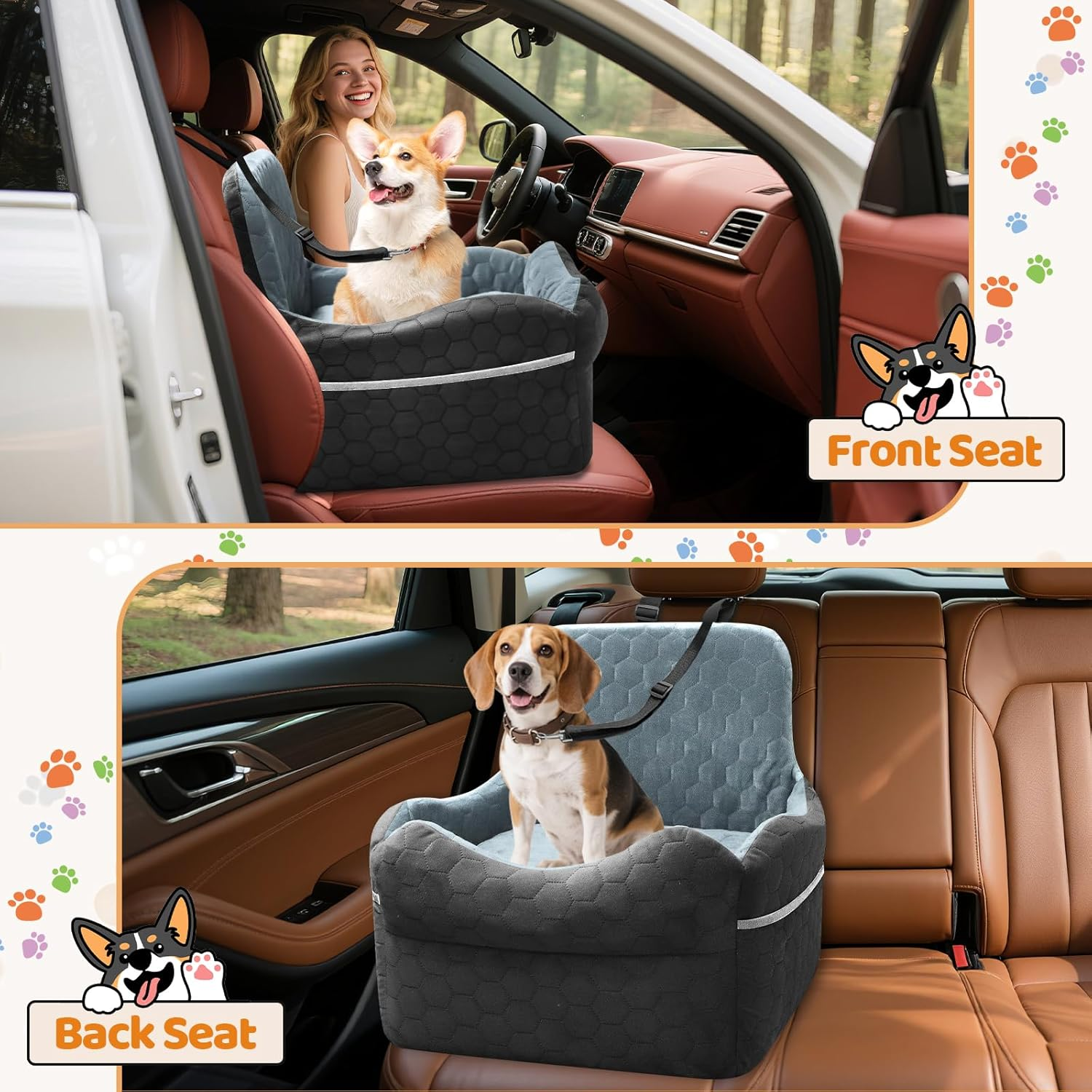 Dog Car Seat for Small Dogs - Puppy Car Seat under 35 Lbs with Thick Elevated Cushion & Safety Belt for Travel - Detachable & Washable Dog Booster Seat with 2 Sides Storage Pockets(Black/Gray) - Image 5