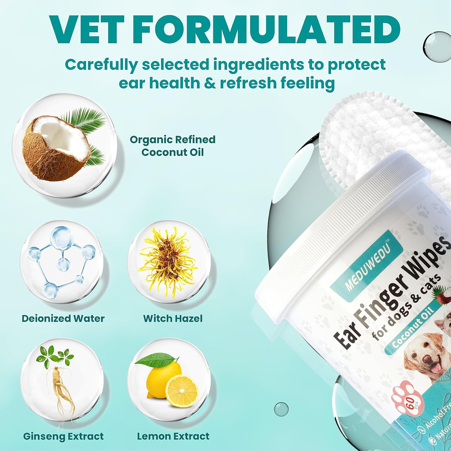 Ear Cleaner Finger Wipes 60 Counts, Dog Ear Cleaner, Grooming Kit Care for Dogs and Cats, Soft & Easy Otic Cleaning Pads, Remove Wax, Dirt & Stop Smelly, Itchy, Non-Irritating, Coconut Scent - Image 3