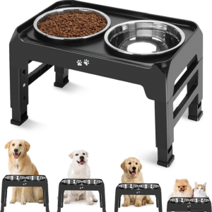 Elevated Dog Bowls, 4 Height Adjustable Raised Bowl Stand with 2 Thick 50Oz Stainless Steel Food Bowls Non-Slip Feeder Adjusts to 3.7'', 9.2'', 10.75'', 12.36'' Black, (DB-W01)