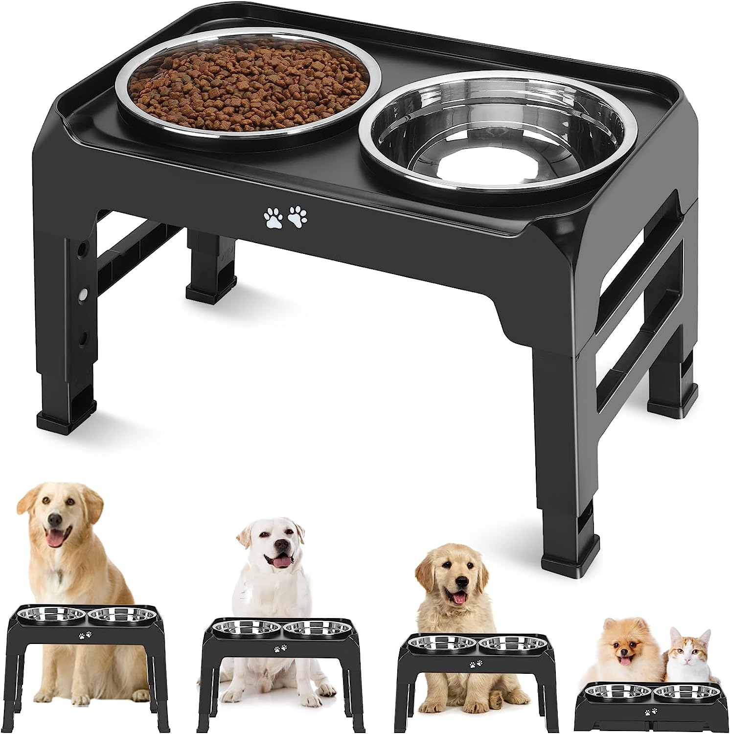 Elevated Dog Bowls, 4 Height Adjustable Raised Bowl Stand with 2 Thick 50Oz Stainless Steel Food Bowls Non-Slip Feeder Adjusts to 3.7'', 9.2'', 10.75'', 12.36'' Black, (DB-W01)