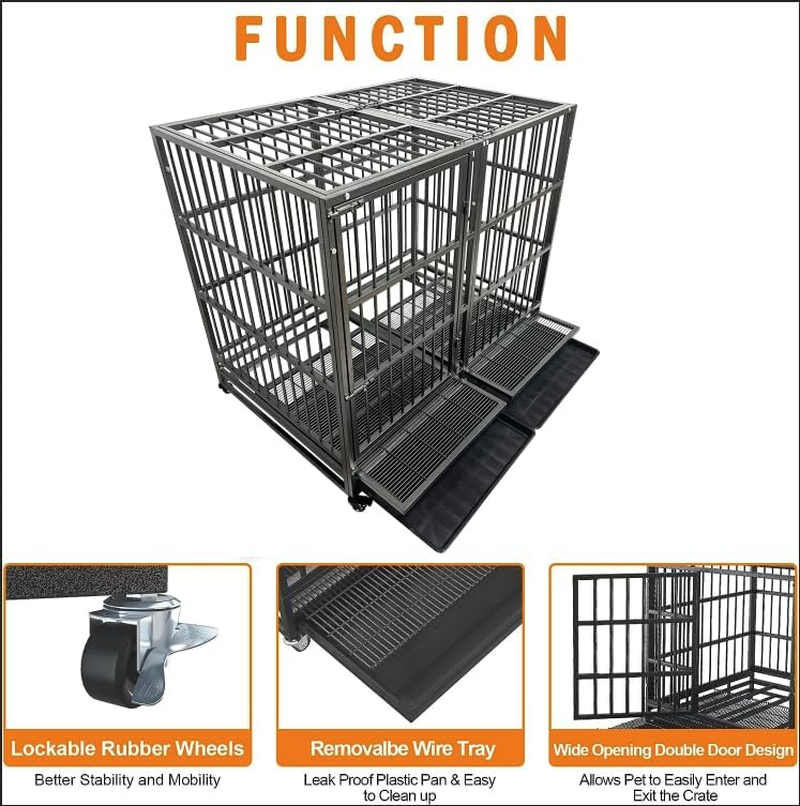 54/48/42/38 Inch Heavy Duty Indestructible and Escape-Proof Dog Crate Cage Kennel for Large Dogs, High Anxiety Dog Crate with Removable Wire Trays and Wheels, Extra Large XL XXL - Image 3