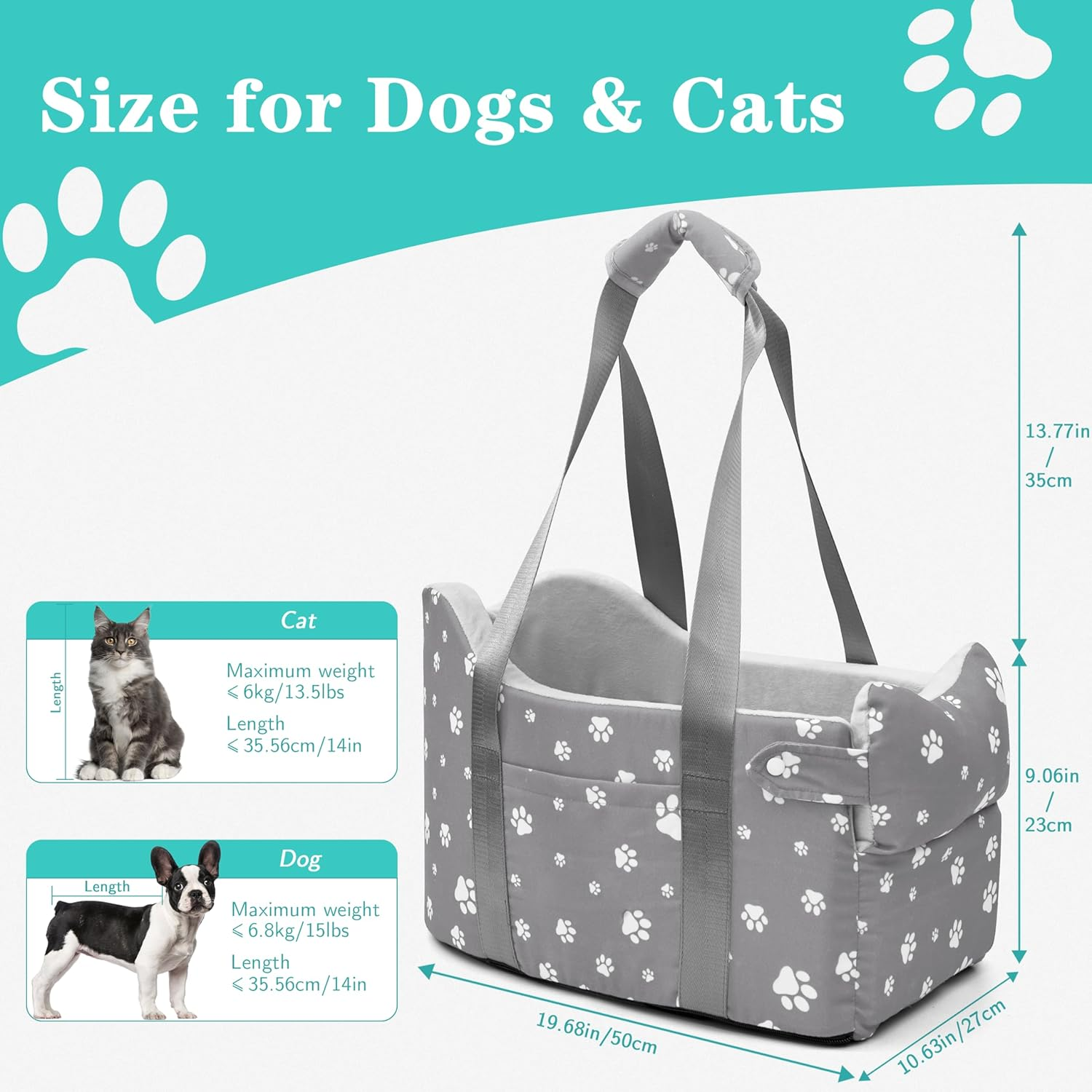 Center Console Dog Car Booster Seat for Small Dogs 0-15 Lbs - Grey Pet Travel Carrier Safety Leash, Detachable Seat Belt & Storage Pockets - Image 6