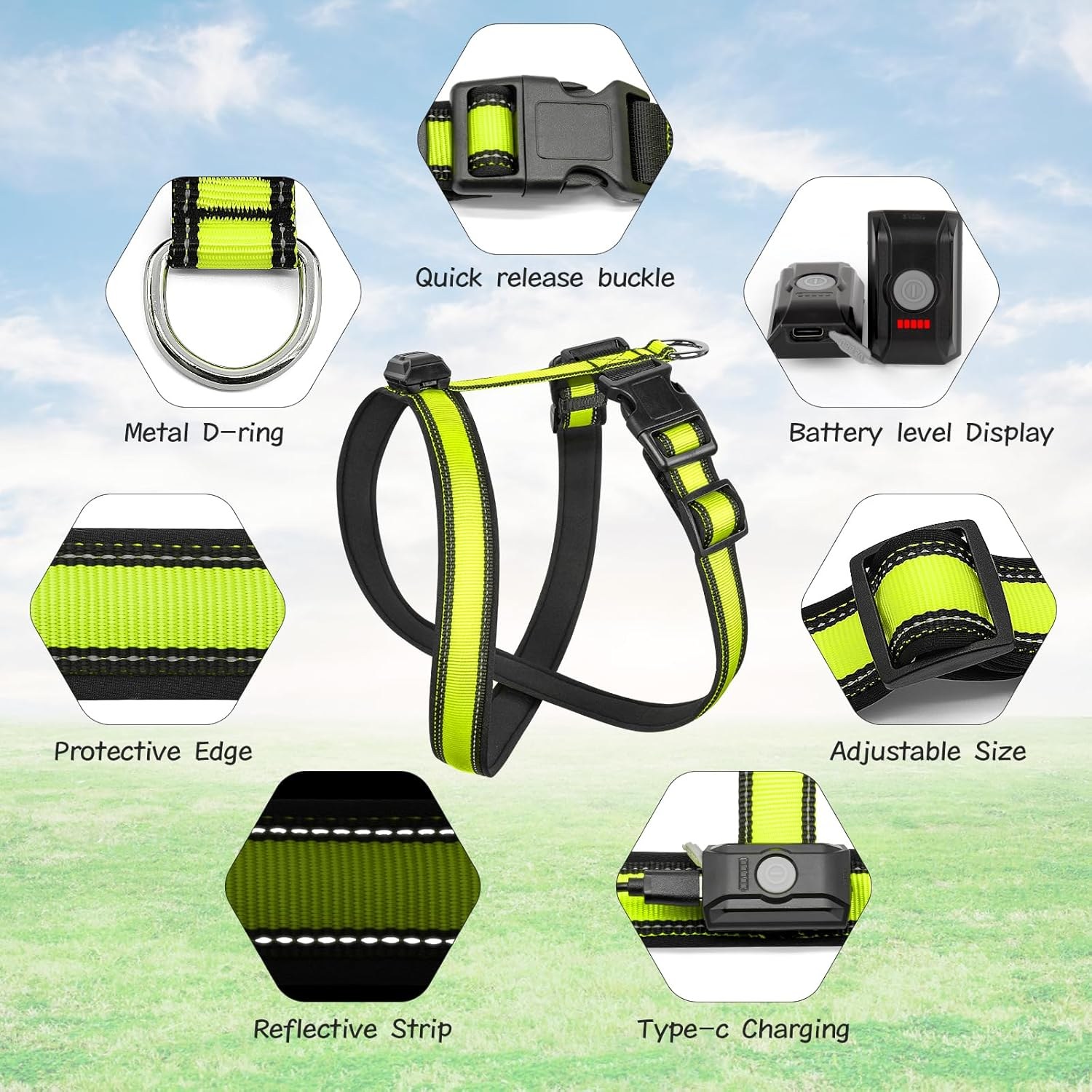 Light up Dog Harness, Rechargeable LED Dog Harness, Glow in the Dark Dog Vest, Adjustable Pet Lights for Night Walking, Reflective Safety Vest for Medium Large Pet (Green, S) - Image 2