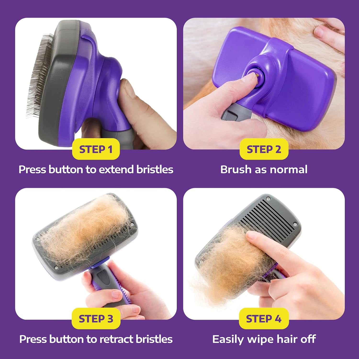 Self Cleaning Slicker Brush for Dogs and Cats - Pet Hair Brush for Shedding Long and Short Hair - Easy Clean Retractable Bristles - Cat and Dog Grooming Tool - Purple - Image 6