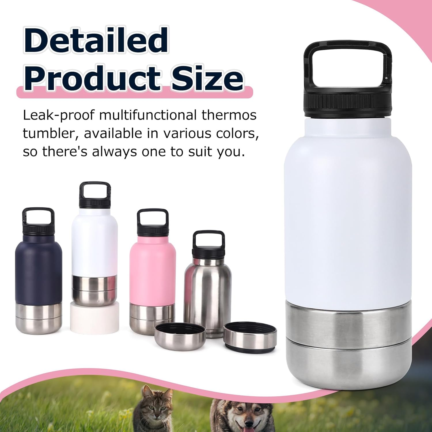Dog Travel Water Bottle, 3 in 1 Stainless Steel Insulated Dog Water Bottle for Dogs, Portable Travel Dispenser with 2 Removable Bowls for Walking, Hiking, Camping, Outdoor (White, 32OZ) - Image 4