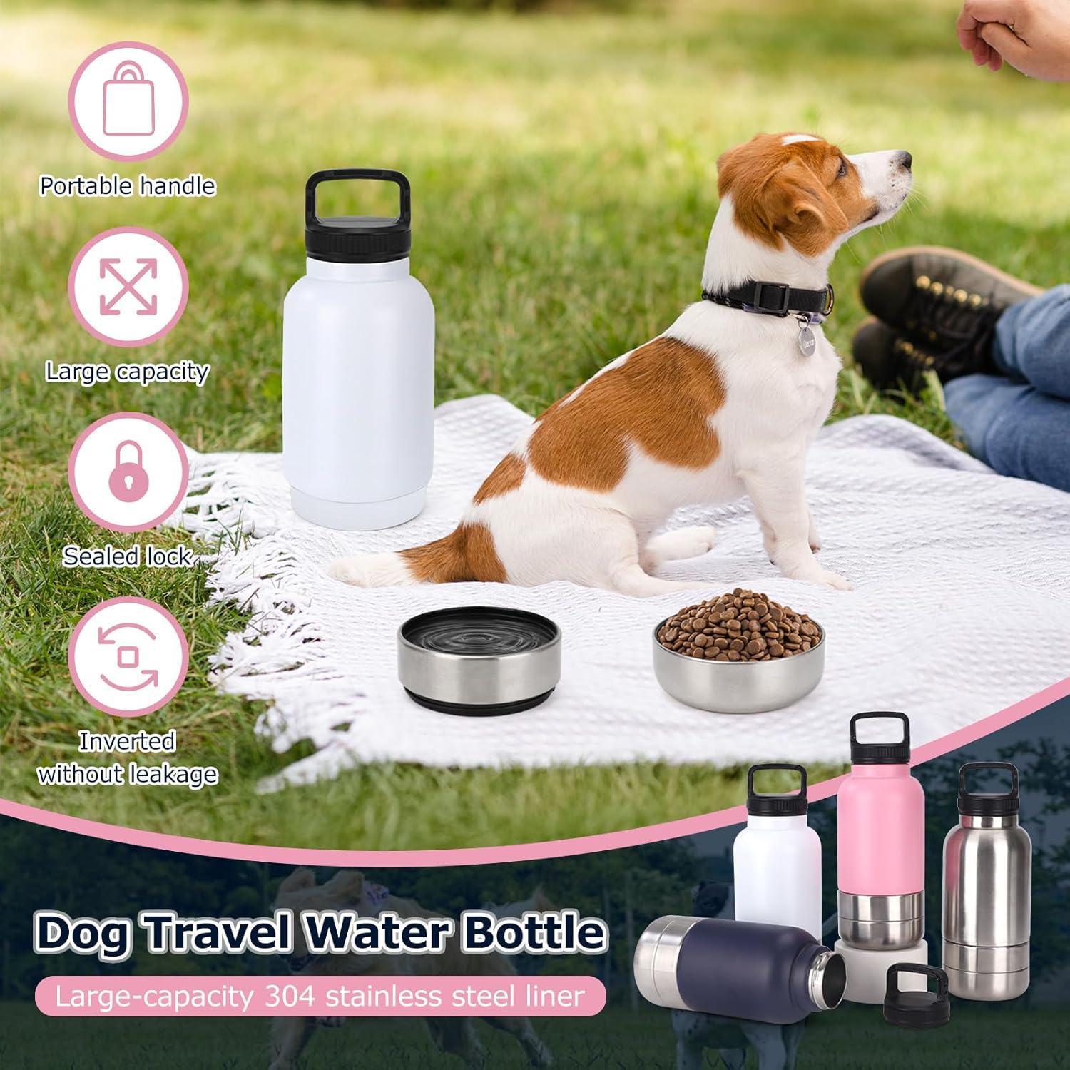 Dog Travel Water Bottle, 3 in 1 Stainless Steel Insulated Dog Water Bottle for Dogs, Portable Travel Dispenser with 2 Removable Bowls for Walking, Hiking, Camping, Outdoor (White, 32OZ) - Image 2