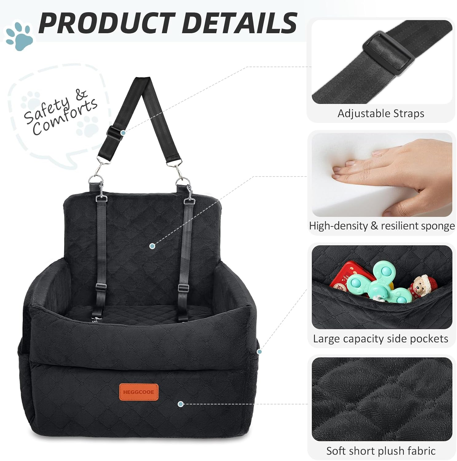 Small Dog Car Seat, Memory Foam Dog Booster Car Seats with Thick Cushion for Medium Dogs under 35Lbs, Detachable Washable Dog Bed for Car, Pet Carseat with Storage Pockets,2 Safety Belts - Image 3