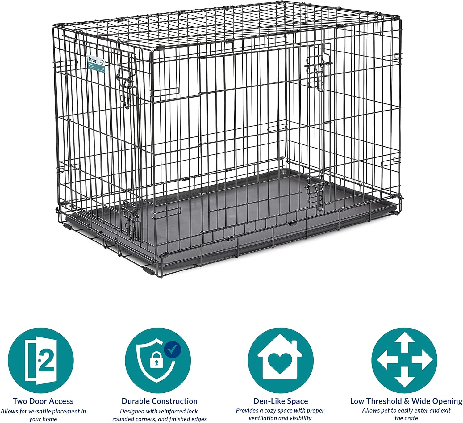 36-Inch Two-Door Icrate Folding Dog Crate with Divider Panel, Leak-Proof Tray & Secure Latches – Metal Wire Kennel for M-L Breeds – Portable, Durable & Easy to Assemble - Image 3