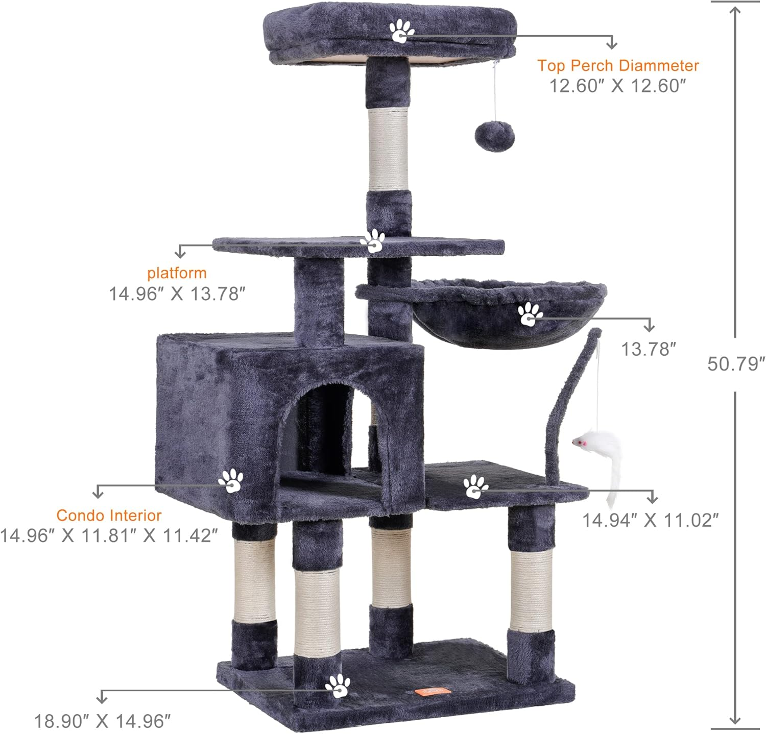 Cat Tree with Toy, Cat Tower Condo for Indoor Cats, Cat House with Padded Plush Perch, Cozy Hammock and Sisal Scratching Posts, Smoky Gray HCT004G - Image 3