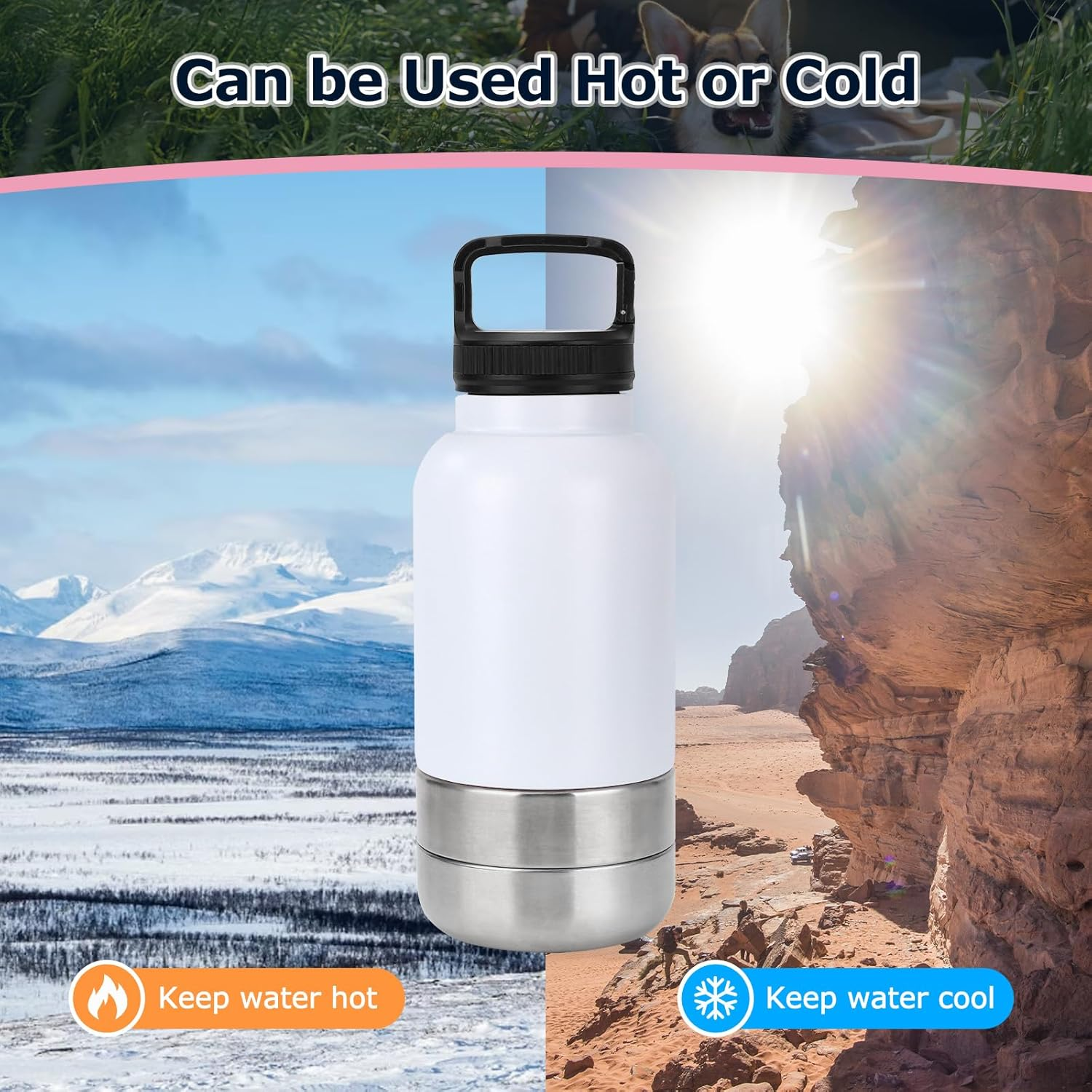 Dog Travel Water Bottle, 3 in 1 Stainless Steel Insulated Dog Water Bottle for Dogs, Portable Travel Dispenser with 2 Removable Bowls for Walking, Hiking, Camping, Outdoor (White, 32OZ) - Image 6