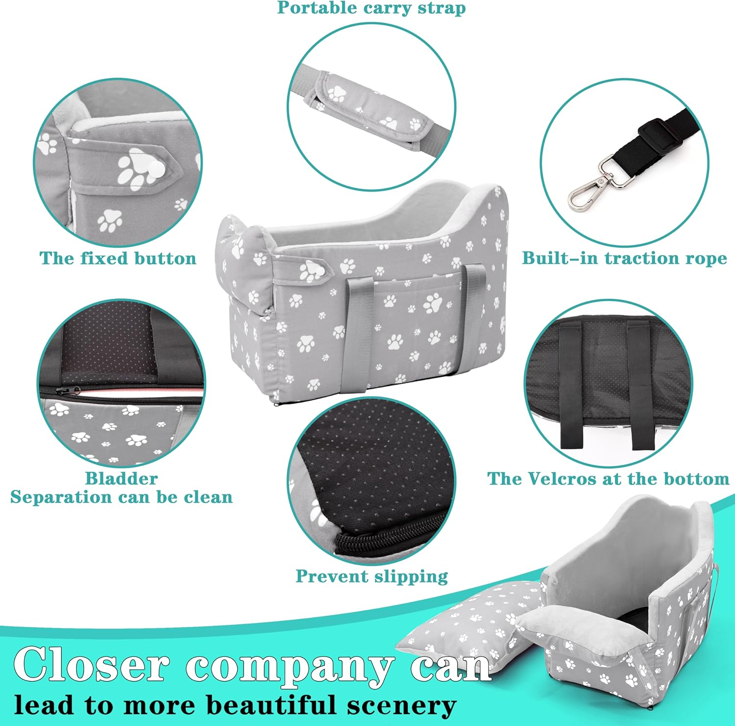 Center Console Dog Car Booster Seat for Small Dogs 0-15 Lbs - Grey Pet Travel Carrier Safety Leash, Detachable Seat Belt & Storage Pockets - Image 4