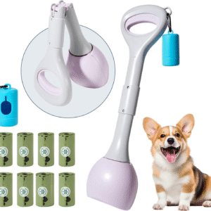 Dog Pooper Scooper Portable with Bag Attachment, One Handed Foldable Design, Includes 120 Biodegradable Waste Bags and Dispenser, 19 Inch Handle for Grass Yard Gravel Cleanup (Purple)