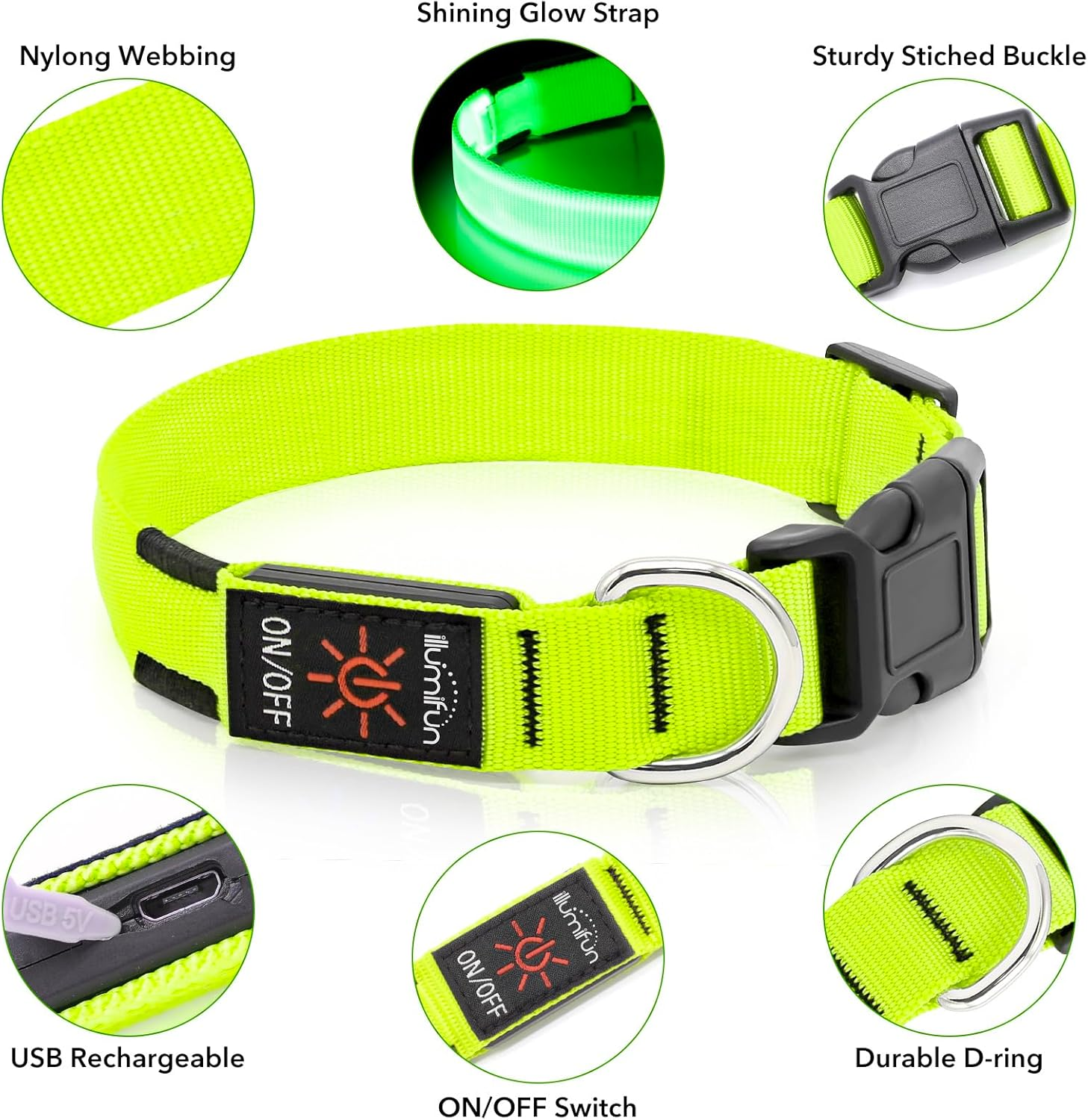 Light up Dog Collar, USB Rechargeable LED Dog Collar Glow in the Dark,Adjustable Pet Safety Lights for Night Walking (Green, Medium) - Image 3